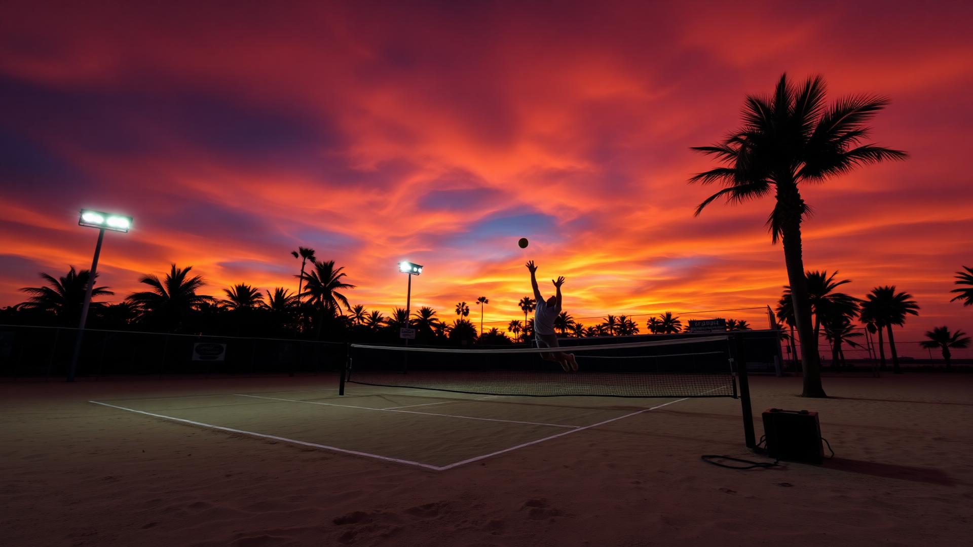 Jogador de beach tennis em quadra de areia ao pôr do sol